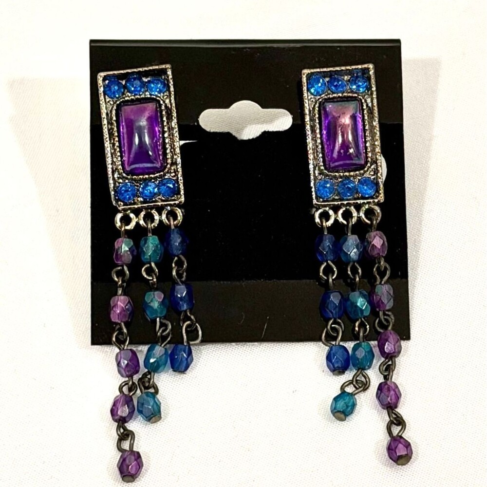 Vintage Style Purple and Blue Beaded Dangle Clip-On Earrings 2.5"